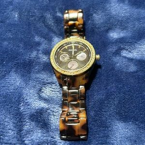 Fossil Tortoise and Gold Watch with crystal accents